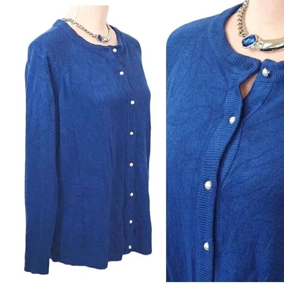 Vintage Sweaters - Vintage Cathy Daniels Blue Pearl Button Up Acrylic Cardigan Large